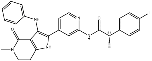 Benzeneacetamide, 4-fluoro-α-methyl-N-[4-[4,5,6,7-tetrahydro-5-methyl-4-oxo-3-(phenylamino)-1H-pyrrolo[3,2-c]pyridin-2-yl]-2-pyridinyl]-, (αS)- 化学構造式