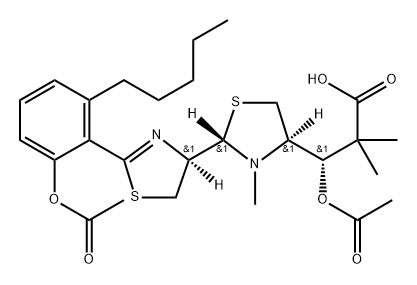 4-Thiazolidinepropanoic acid, β-(acetyloxy)-2-[(4R)-2-[2-(acetyloxy)-6-pentylphenyl]-4,5-dihydro-4-thiazolyl]-α,α,3-trimethyl-, (βS,2S,4R)-rel- Struktur