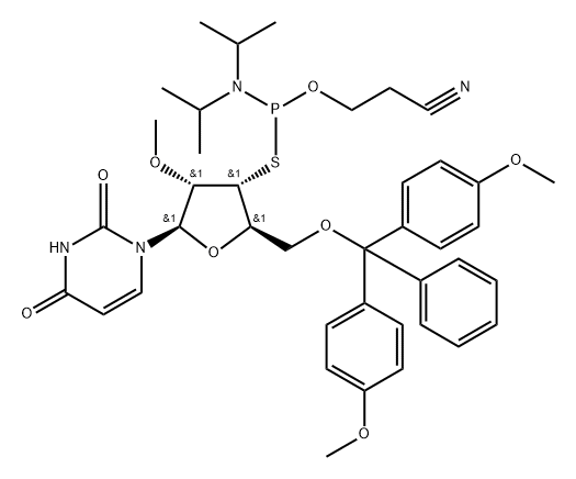 Uridine, 5'-?O-?[bis(4-?methoxyphenyl)?phenylmethyl]?-?2'-?O-?methyl-?3'-?thio-?, 3'-?[2-?cyanoethyl bis(1-?methylethyl)?phosphoramidite] (9CI) Structure