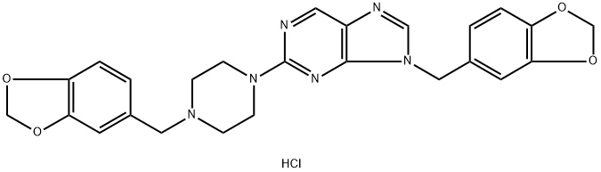 9-(Benzo[d][1,3]dioxol-5-ylmethyl)-2-(4-(benzo[d][1,3]dioxol-5-ylmethyl)piperazin-1-yl)-9H-purine dihydrochloride 化学構造式