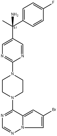 5-Pyrimidinemethanamine, 2-[4-(6-bromopyrrolo[2,1-f][1,2,4]triazin-4-yl)-1-piperazinyl]-α-(4-fluorophenyl)-α-methyl-, (αS)- Structure