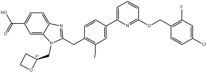 1H-Benzimidazole-6-carboxylic acid, 2-[[4-[6-[(4-chloro-2-fluorophenyl)methoxy]-2-pyridinyl]-2-fluorophenyl]methyl]-1-[(2S)-2-oxetanylmethyl Struktur