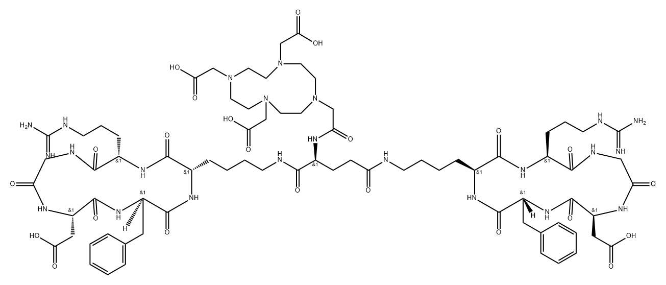 Cyclo(L-arginylglycyl-L-α-aspartyl-D-phenylalanyl-L-lysyl), 5,5'-[N-[2-[4,7,10-tris(carboxymethyl)-1,4,7,10-tetraazacyclododec-1-yl]acetyl]-L-glutamoyl]bis- Structure