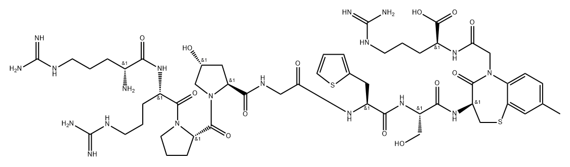 D-Arg-Arg-Pro-c3Hyp-Gly-Thi-Ser-[(3S)-8-メチル-5-[[(1-カルボキシ-4-グアニジノブチル)カルバモイル]メチル]-4-オキソ-2,3,4,5-テトラヒドロ-1,5-ベンゾチアゼピン-3-イル]NH2 化学構造式