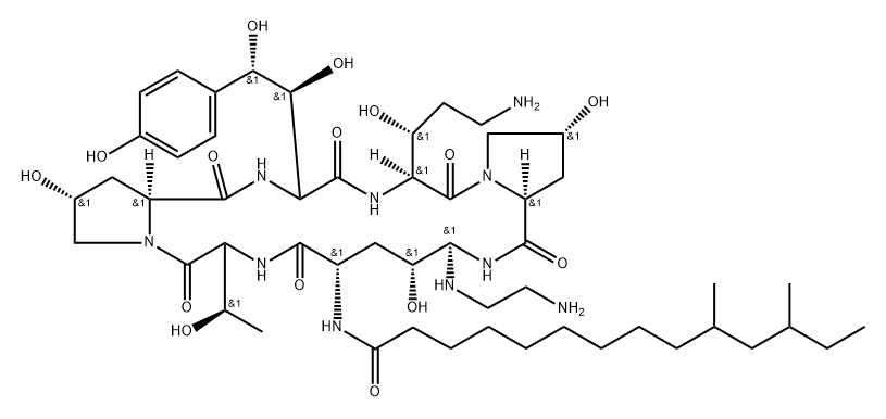 Pneumocandin A0, 1-[(4R,5S)-5-[(2-aminoethyl)amino]-N2-(10,12-dimethyl-1-oxotetradecyl)-4-hydroxy-L-ornithine]-5-[(3R)-3-hydroxy-L-ornithine]-6-[(4R)-4-hydroxy-L-proline]- Structure