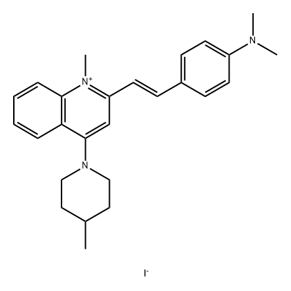 Quinolinium, 2-[(1E)-2-[4-(dimethylamino)phenyl]ethenyl]-1-methyl-4-(4-methyl-1-piperidinyl)-, iodide (1:1) 化学構造式