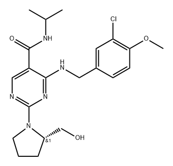 (S)-4-((3-chloro-4-methoxybenzyl)amino)-2-(2-(hydroxymethyl)pyrrolidin-1-yl)-N-isopropylpyrimidine-5-carboxamide Struktur