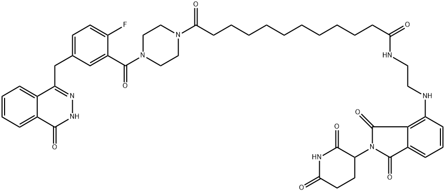 1-Piperazinedodecanamide, 4-[5-[(3,4-dihydro-4-oxo-1-phthalazinyl)methyl]-2-fluorobenzoyl]-N-[2-[[2-(2,6-dioxo-3-piperidinyl)-2,3-dihydro-1,3-dioxo-1H-isoindol-4-yl]amino]ethyl]-λ-oxo- Structure