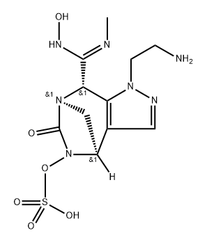 (4R,7R,8S)-1-(2-aminoethyl)-8-((Z)-N'-hydroxy-N-methylcarbamimidoyl)-6-oxo-4,8-dihydro-1H-4,7-methanopyrazolo[3,4-e][1,3]diazepin-5(6H)-yl hydrogen sulfate Structure