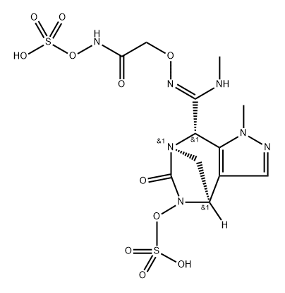 ((2-((((Z)-((4R,8S)-1-methyl-6-oxo-5-(sulfooxy)-4,5,6,8-tetrahydro-1H-4,7-methanopyrazolo[3,4-e][1,3]diazepin-8-yl)(methylamino)methylene)amino)oxy)acetamido)oxy)sulfonic acid Structure