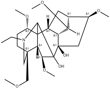 20-エチル-1α,6β,14α,16β-テトラメトキシ-4-(メトキシメチル)アコニタン-7,8-ジオール 化学構造式