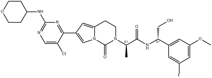 Pyrrolo[1,2-c]pyrimidine-2(1H)-acetamide, 6-[5-chloro-2-[(tetrahydro-2H-pyran-4-yl)amino]-4-pyrimidinyl]-N-[(1S)-1-(3-fluoro-5-methoxyphenyl)-2-hydroxyethyl]-3,4-dihydro-α-methyl-1-oxo-, (αR)- Structure