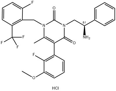 2,4(1H,3H)-Pyrimidinedione, 3-[(2R)-2-amino-2-phenylethyl]-5-(2-fluoro-3-methoxyphenyl)-1-[[2-fluoro-6-(trifluoromethyl)phenyl]methyl]-6-methyl-, hydrochloride (1:1) Struktur