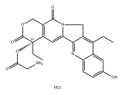 Glycine, (4S)-4,11-diethyl-3,4,12,14-tetrahydro-9-hydroxy-3,14-dioxo-1H-pyrano[3',4':6,7]indolizino[1,2-b]quinolin-4-yl ester, hydrochloride (1:1) 化学構造式