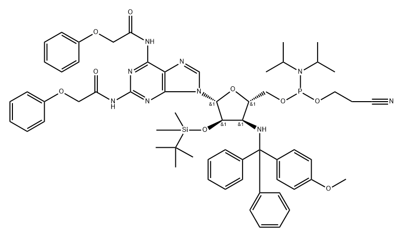 Adenosine, 3'-?deoxy-?2'-?O-?[(1,?1-?dimethylethyl)?dimethylsilyl]?-?3'-?[[(4-?methoxyphenyl)?diphenylmethyl]?amino]?-?N-?(2-?phenoxyacetyl)?-?2-?[(2-?phenoxyacetyl)?amino]?-?, 5'-?[2-?cyanoethyl N,?N-?bis(1-?methylethyl)?phosphoramidite],256485-55-9,结构式