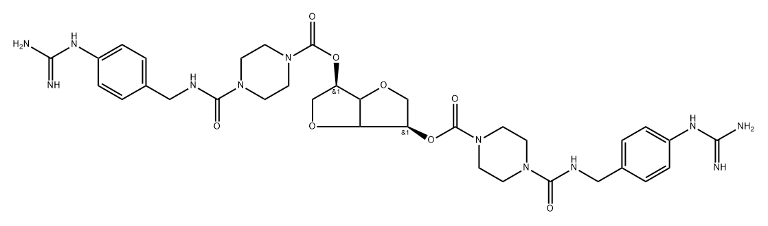 D-threo-Hexitol, 1,4:3,6-dianhydro-, bis[4-[[[[4-[(aminoiminomethyl)amino]phenyl]methyl]amino]carbonyl]-1-piperazinecarboxylate], (3ξ,4ξ)- (9CI) Structure