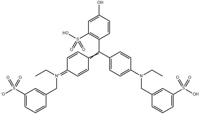 Benzenemethanaminium, N-ethyl-N-[4-[[4-[ethyl[(3-sulfophenyl)methyl]amino]phenyl](4-hydroxy-2-sulfophenyl)methylene]-2,5-cyclohexadien-1-ylidene]-3-sulfo-, inner salt Structure