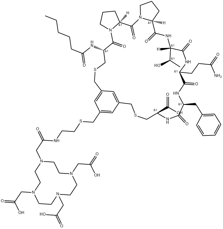 L-Cysteine, S-[[3-(mercaptomethyl)-5-[[[2-[[2-[4,7,10-tris(carboxymethyl)-1,4,7,10-tetraazacyclododec-1-yl]acetyl]amino]ethyl]thio]methyl]phenyl]methyl]-N-(1-oxohexyl)-L-cysteinyl-L-prolyl-L-prolyl-L-threonyl-L-glutaminyl-L-phenylalanyl-, cyclic (1→7)-thioether Struktur