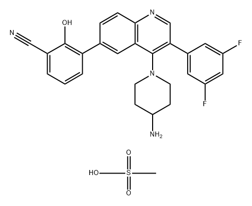 Benzonitrile, 3-[4-(4-amino-1-piperidinyl)-3-(3,5-difluorophenyl)-6-quinolinyl]-2-hydroxy-, compd. with methanesulfonate (1:1) Structure