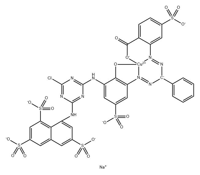 [2-[[[[3-[[4-Chloro-6-[(3,6,8-trisulfo-1-naphthalenyl)amino]-1,3,5-triazin-2-yl]amino]-2-(hydroxy-κO)-5-sulfophenyl]azo-κN2]phenylmethyl]azo-κN1]-4-sulfobenzoato(7-)κO]-cuprate (5-), pentasodium Struktur