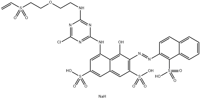 2,7-Naphthalenedisulfonic acid, 5-4-chloro-6-2-2-(ethenylsulfonyl)ethoxyethylamino-1,3,5-triazin-2-ylamino-4-hydroxy-3-(1-sulfo-2-naphthalenyl)azo-, trisodium salt Struktur