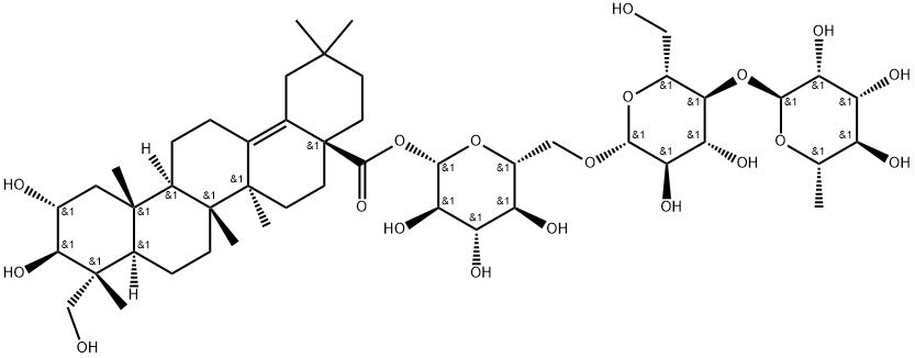 Olean-13(18)-en-28-oic acid, 2,3,23-trihydroxy-, O-6-deoxy-α-L-mannopyranosyl-(1→4)-O-β-D-glucopyranosyl-(1→6)-β-D-glucopyranosyl ester, (2α,3β,4α)- Struktur