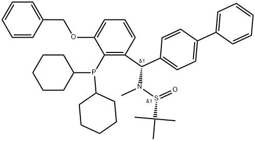 2-Propanesulfinamide, N-[(S)-[1,1'-biphenyl]-4-yl[2-(dicyclohexylphosphino)-3-(phenylmethoxy)phenyl]methyl]-N,2-dimethyl-, [S(R)]- Struktur