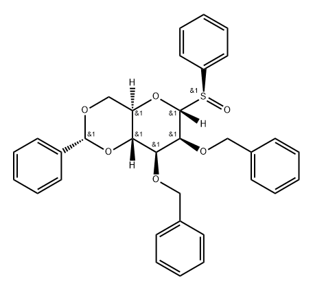 a-D-Mannopyranose, 1-deoxy-2,3-bis-O-(phenylMethyl)-4,6-O-[(R)-phenylMethylene]-1-[(S)-phenylsulfinyl]- Structure