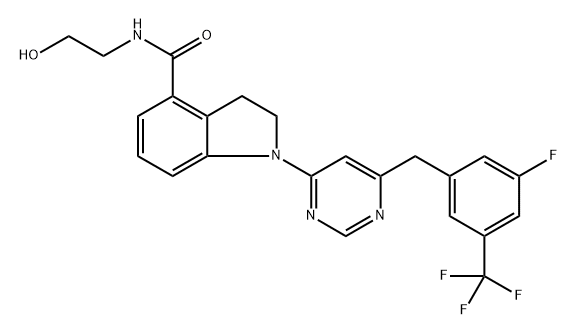 1-(6-(3-氟-5-(三氟甲基)苄基)嘧啶-4-基)-N-(2-羟乙基)吲哚啉-4-甲酰胺, 2624131-45-7, 结构式