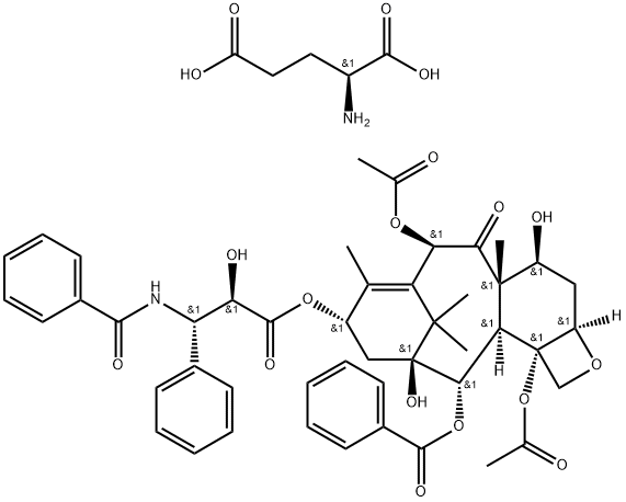 (1R,2S)-2-(Benzoylamino)-1-[[[(2aR,4S,4aS,6R,9S,11S,12S,12aR,12bS)-6,12b-bis(acetyloxy)-12-(benzoyloxy)-2a,3,4,4a,5,6,9,10,11,12,12a,12b-dodecahydro-4,11-dihydroxy-4a,8,13,13-tetramethyl-5-oxo-7,11-methano-1H-cyclodeca[3,4]benz[1,2-b]oxet-9-yl]oxy]carbonyl]-2-phenylethyl ester L-glutamic acid homopolymer Struktur