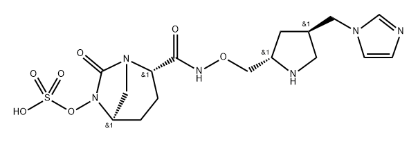 (2S,5R)-N-{[(2S,4R)-4-(1H-imidazol-1-ylmethyl)-pyrrolidin-2-yl]methyloxy}-7-oxo-6-(sulfooxy)-1,6-diazabicyclo[3.2.1]octane-2-carboxamide 化学構造式