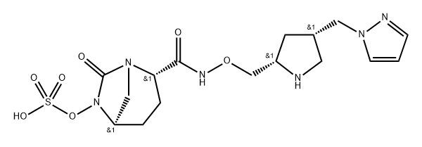 (2S,5R)-N-{[(2S,4S)-4-(1H-pyrazol-1-ylmethyl)-pyrrolidin-2-yl]methyloxy}-7-oxo-6-(sulfooxy)-1,6-diazabicyclo[3.2.1]octane-2-carboxamide 化学構造式