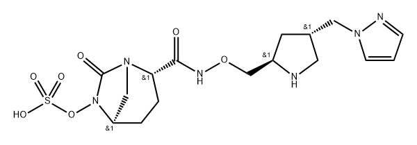 (2S,5R)-N-{[(2R,4S)-4-(1H-pyrazol-1-ylmethyl)-pyrrolidin-2-yl]methyloxy}-7-oxo-6-(sulfooxy)-1,6-diazabicyclo[3.2.1]octane-2-carboxamide Structure