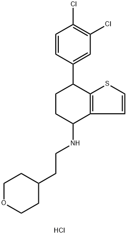 Benzo[b]thiophen-4-amine, 7-(3,4-dichlorophenyl)-4,5,6,7-tetrahydro-N-[2-(tetrahydro-2H-pyran-4-yl)ethyl]-, hydrochloride (1:1) 化学構造式