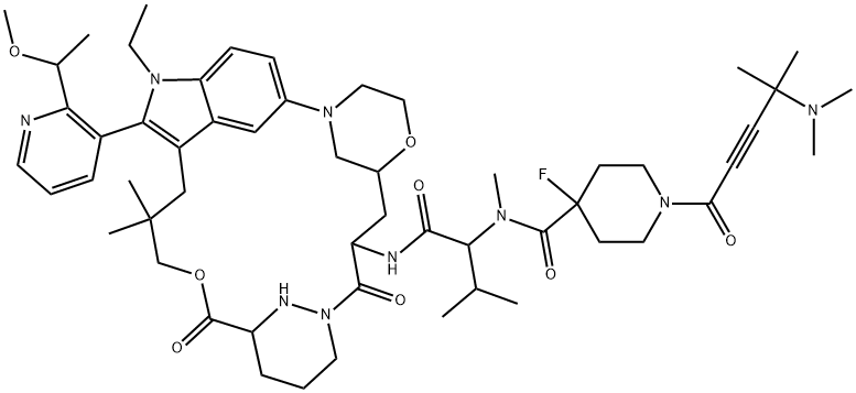 (3S)-N1-[N-[[1-[4-(二甲基氨基)-4-甲基-1-氧代-2-戊炔-1-基]-4-氟-4-哌啶基]羰基]-N-甲基-L-缬氨酰基-3-[4-[(2R)-1-乙基-3-(3-羟基-2,2-二甲基丙基)-2-[2-[(1S)-1-甲氧基乙基]-3-吡啶基]-1H-吲哚-5-基]-2-吗啉基]-L-丙氨酰基]六氢-3-哒嗪甲酸(3→2)-内酯,2641998-63-0,结构式