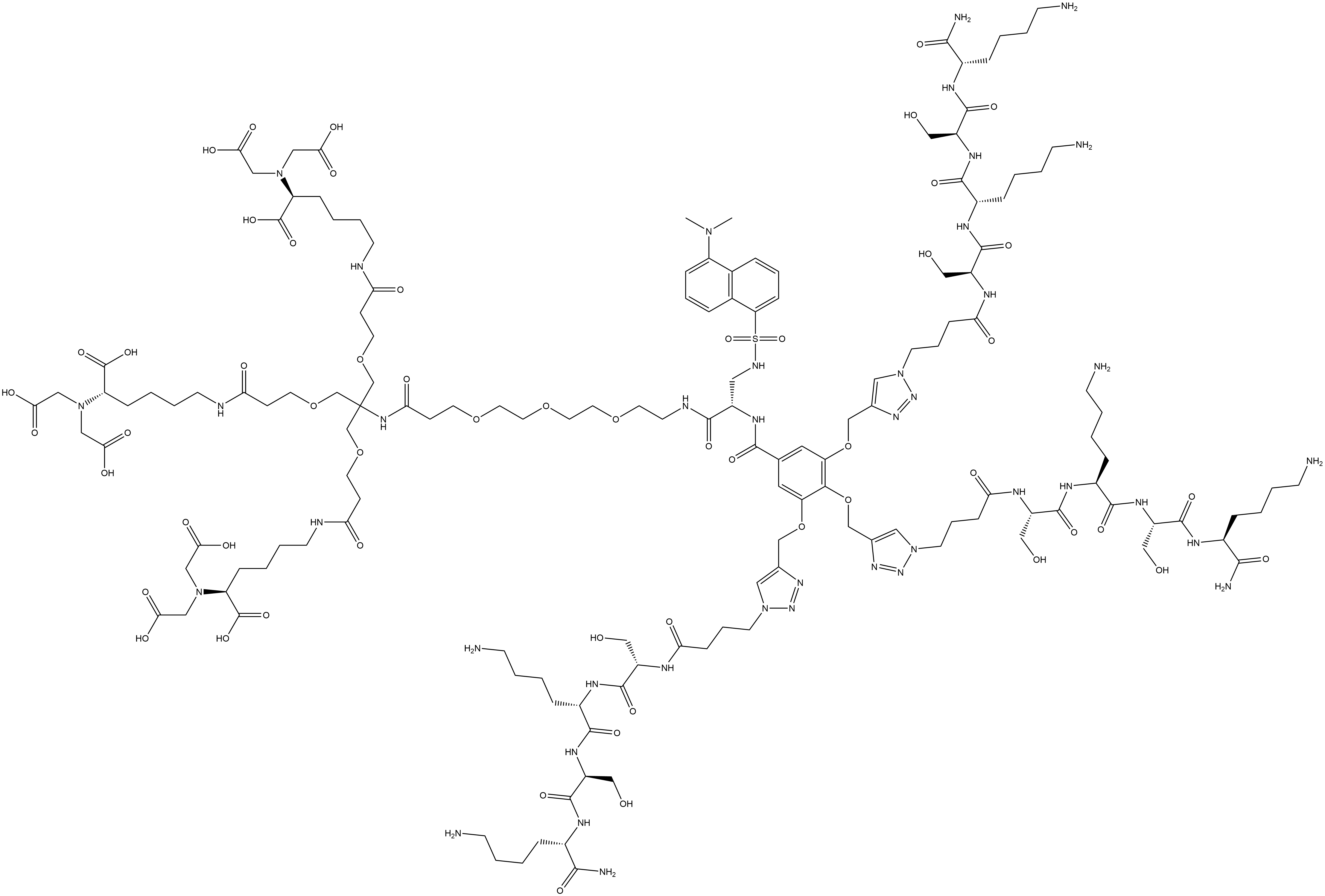 1,1',1'',1'''-[[5-[(3S,30S)-19,19-Bis[[3-[[(5S)-5-[bis(carboxymethyl)amino]-5-carboxypentyl]amino]-3-oxopropoxy]methyl]-30,32-dicarboxy-31-(carboxymethyl)-3-[[[[5-(dimethylamino)-1-naphthalenyl]sulfonyl]amino]methyl]-1,4,17,24-tetraoxo-8,11,14,21-tetraoxa-2,5,18,25,31-pentaazadotriacont-1-yl]-1,2,3-benzenetriyl]tris[oxymethylene-1H-1,2,3-triazole-4,1-diyl(1-oxo-4,1-butanediyl)]]tris[L-seryl-L-lysyl-L-seryl-L-lysinamide Structure