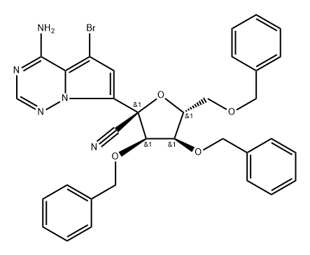 (2R,3R,4R,5R)-2-(4-amino-5-bromopyrrolo[2,1-f][1,2,4]triazin-7-yl)-3,4-bis(benzyloxy)-5-((benzyloxy)methyl)tetrahydrofuran-2-carbonitrile Struktur