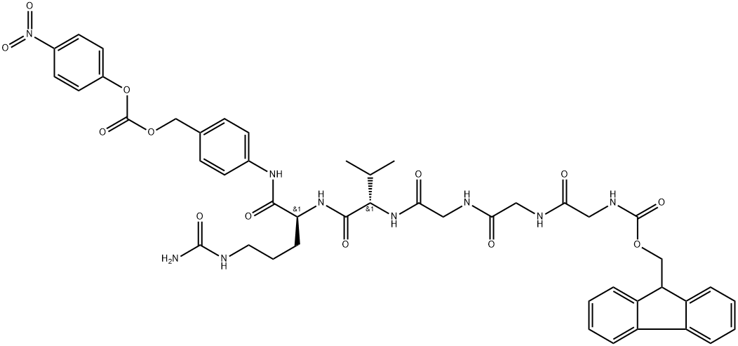 (9H-fluoren-9-yl)methyl ((6S,9S)-1-amino-9-isopropyl-6-((4-((((4-nitrophenoxy)carbonyl)oxy)methyl)phenyl)carbamoyl)-1,8,11,14,17-pentaoxo-2,7,10,13,16-pentaazaoctadecan-18-yl)carbamate Struktur