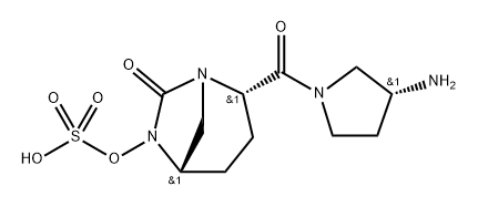 (2S,5R)-2-((R)-3-aminopyrrolidine-1-carbonyl)-7-oxo-1,6-diazabicyclo[3.2.1]octan-6-yl hydrogen sulfate 化学構造式