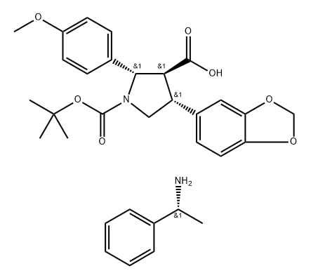 (R)-1-苯基乙胺(2S,3S,4R)-4-(苯并[D] [1,3]间二氧杂环戊烯-5-基)-1-(叔丁氧基羰基)-2-(4-甲氧基苯基)-3-羧酸, 2673270-08-9, 结构式