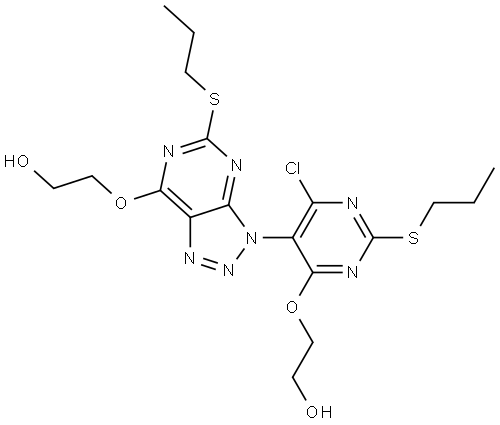 2-((6-chloro-5-(7-(2-hydroxyethoxy)-5-(propylthio)-3H-[1,2,3]triazolo[4,5-d]pyrimidin-3-yl)-2-(propylthio)pyrimidin-4-yl)oxy)ethan-1-ol Structure