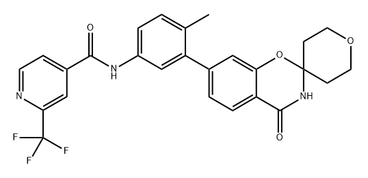 N-[4-Methyl-3-(2',3',5',6'-tetrahydro-4-oxospiro[2H-1,3-benzoxazine-2,4'-[4H]pyran]-7(3H)-yl)phenyl]-2-(trifluoromethyl)-4-pyridinecarboxamide Struktur