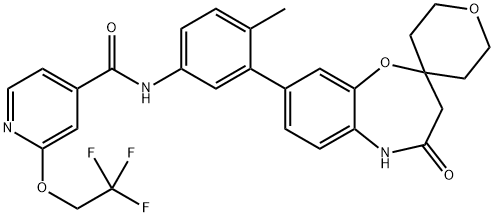 8-(2-Methyl-5-(2-(2,2,2-trifluoroethoxy)-isonicotinamido)-phenyl)-2',3',5',6'-tetrahydro-spiro[1,5-benzoxazepine-2(3H),4'-[4H]pyran]-4(5H)-one 结构式