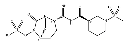 (2S,5R)-2-(N-((R)-1-(methylsulfonyl)piperidine-3-carbonyl)carbamimidoyl)-7-oxo-1,6-diazabicyclo[3.2.1]octan-6-yl hydrogen sulfate Structure