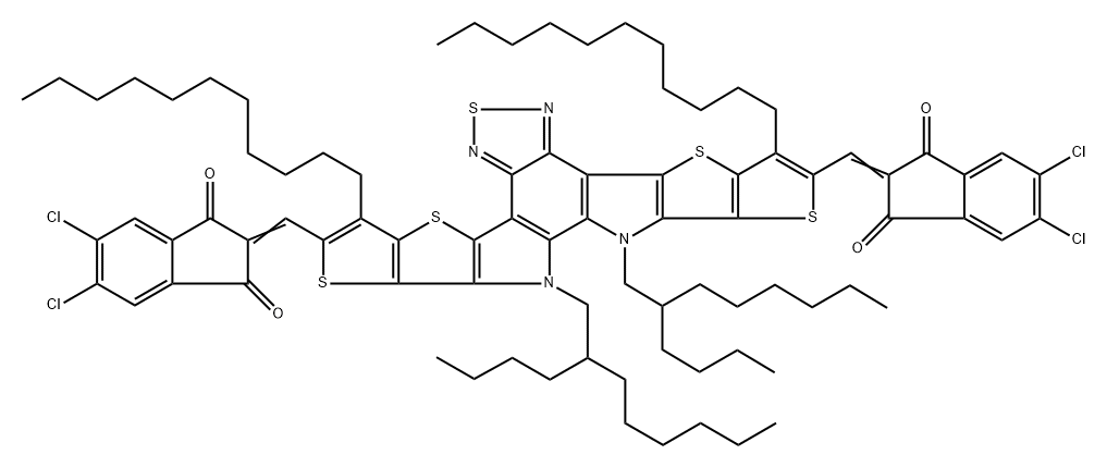 2,2′-[[12,13-双(2-丁基辛基)-12,13-二氢-3,9-二十一烷基双噻吩并[2′′,3′′:4′,5′]噻吩并[2′,3 ':4,5]吡咯并[3,2-E:2',3'-G][2,1,3]苯并噻二唑-2,10-二基]二甲基茚]双[5,6-二氯-1H-茚-1,3(2H)-二酮,2703920-28-7,结构式