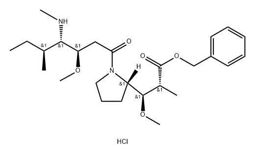 2-Pyrrolidinepropanoic acid, β-methoxy-1-[(3R,4S,5S)-3-methoxy-5-methyl-4-(methylamino)-1-oxoheptyl]-α-methyl-, phenylmethyl ester, hydrochloride (1:1), (αR,βR,2S)-,2705842-11-9,结构式