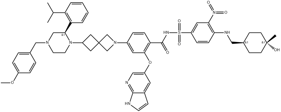 2-((1H-pyrrolo[2,3-b]pyridin-5-yl)oxy)-N-((4-((((1r,4r)-4-hydroxy-4-methylcyclohexyl)methyl)amino)-3-nitrophenyl)sulfonyl)-4-(6-((R)-2-(2-isopropylphenyl)-4-(4-methoxybenzyl)piperazin-1-yl)-2-azaspiro[3.3]heptan-2-yl)benzamide 化学構造式