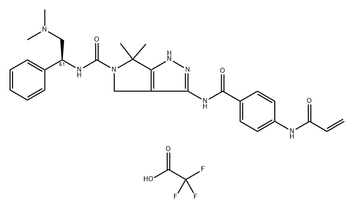 Pyrrolo[3,4-c]pyrazole-5(1H)-carboxamide, N-[(1S)-2-(dimethylamino)-1-phenylethyl]-4,6-dihydro-6,6-dimethyl-3-[[4-[(1-oxo-2-propen-1-yl)amino]benzoyl]amino]-, 2,2,2-trifluoroacetate (1:1) Struktur