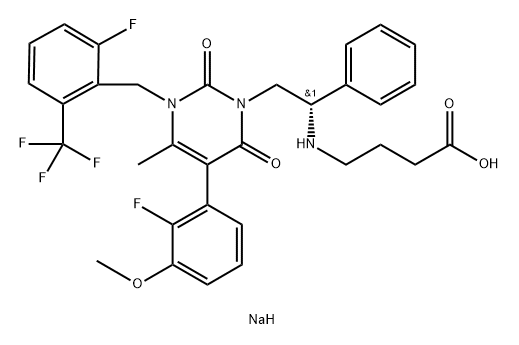 Butanoic acid, 4-[[(1S)-2-[5-(2-fluoro-3-methoxyphenyl)-3-[[2-fluoro-6-(trifluoromethyl)phenyl]methyl]-3,6-dihydro-4-methyl-2,6-dioxo-1(2H)-pyrimidinyl]-1-phenylethyl]amino]-, sodium salt (1:1) Struktur