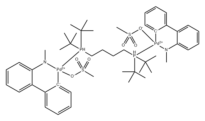 Palladium, [μ-[1,1'-(1,4-butanediyl)bis[1,1-bis(1,1-dimethylethyl)phosphine-κP]]]bis(methanesulfonato-κO)bis[2'-(methylamino-κN)[1,1'-biphenyl]-2-yl-κC]di- Struktur